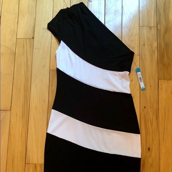 ALICE + OLIVIA BLK/WHT STRIPE SHOULDER DRESS S NWT - Picture 5 of 14